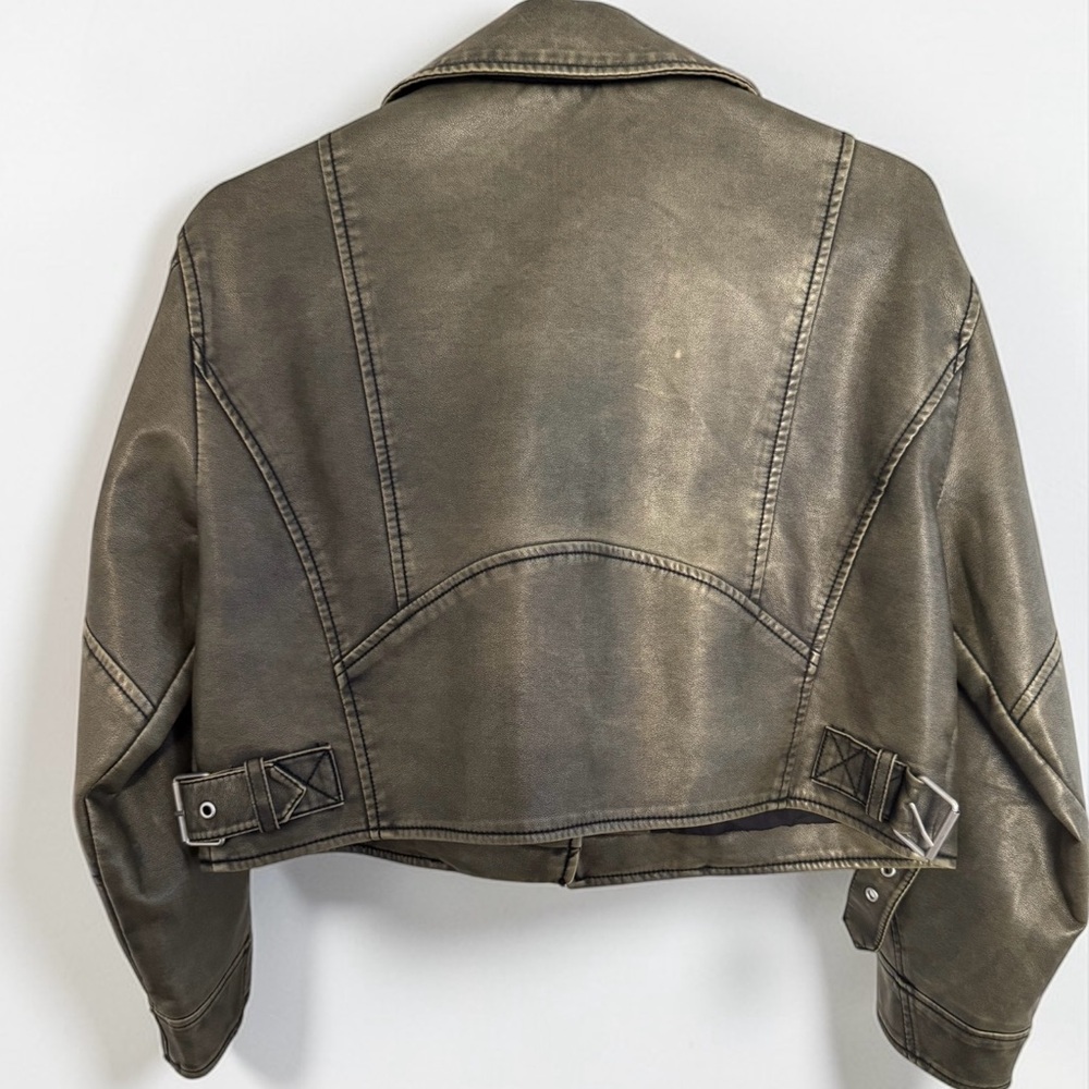 Zara Kids Olive Green Cropped Biker Jacket Size 10-12 Faux Leather Moto Jacket - Picture 2 of 2